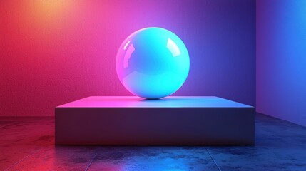 Wall Mural - A glowing sphere on a pedestal illuminated by vibrant colored lights.