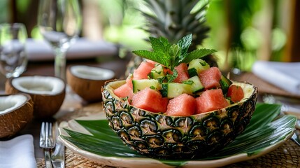 Wall Mural - A tropical summer getaway setting, with watermelon and mint salad served inside a carved pineapple bowl, with coconut shells as side dishes