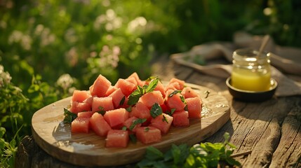 Wall Mural - A warm countryside setting where a wooden cutting board holds freshly chopped watermelon cubes, mint leaves, and a side of honey-lime dressing