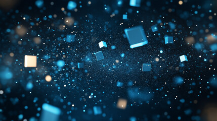 Wall Mural - Abstract Blue and Gold Cubes: Glowing blue and gold cubes float in a dark three-dimensional space, creating a mesmerizing and abstract background perfect for technology, design or science concepts.