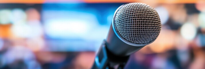 Poster - Close up of a microphone on a stand ready for a presentation in a busy venue during an evening event. Generative AI
