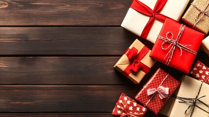 Wall Mural - Red and brown wrapped gifts neatly arranged on dark wood background create festive holiday mood. AI Generated