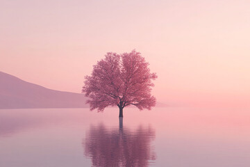 Wall Mural - A pink-blossomed tree emerges from calm water, reflecting in the soft light of dawn, offering a tranquil and dreamlike atmosphere.