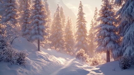 Wall Mural - Sunlit snowy forest with tall pine trees bathed in golden light during winter mornings