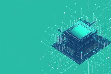 Complex computer chip with radiating connections on a green background