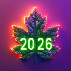 Wall Mural - A vibrant leaf illuminated with neon lights, showcasing the year 2026 as a symbol of growth and renewal.