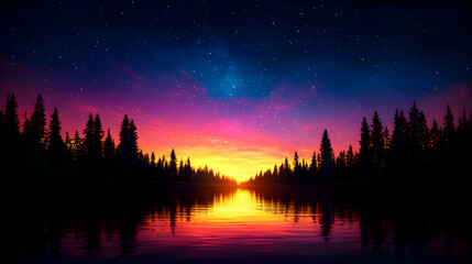 Wall Mural - Vibrant Sunset Over a Tranquil Lake with Silhouetted Trees
