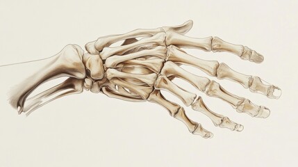 Poster - Detailed anatomical illustration of a human hand skeleton showcasing bone structure in natural colors. Generative AI