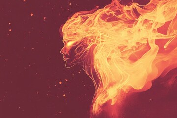 Wall Mural - Fiery figure with hair of flames against a dark background