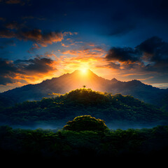 Wall Mural - Vibrant Sunset Over Lush Green Mountains