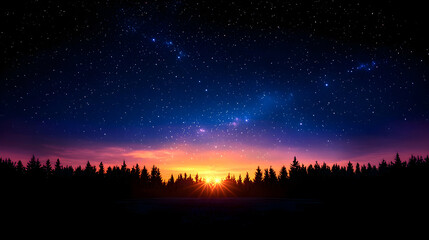 Wall Mural - Vibrant Sunset Over Silhouetted Forest Under Starry Night Sky