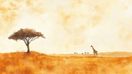 Leinwandbilder - Giraffe walking in golden grassland under a hazy sky in a serene nature setting. Generative AI