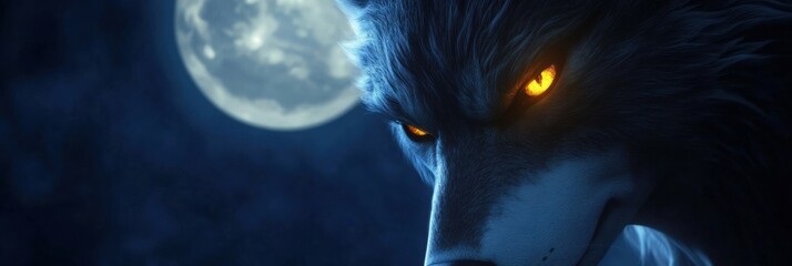 Poster - Majestic wolf with glowing eyes under a full moon in a dark forest at night. Generative AI