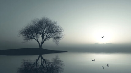 Wall Mural - Serene lakeside landscape with lone tree reflecting in the water under a misty sky, evoking calm and introspection. Birds flying.