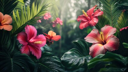 Wall Mural - Vibrant tropical garden filled with exotic flowers showcasing stunning shades of pink, red, and orange during a dewy morning