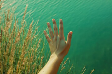 Poster - Hand reaching out above grass towards serene green water