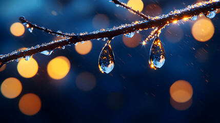 Wall Mural - Water Droplets on Branch at Night with Bokeh Lights