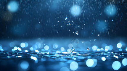 Wall Mural - Water Drops Splashing on Dark Blue Reflective Surface with Bokeh Lights