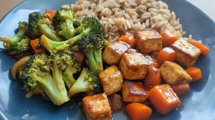 Wall Mural - Delicious Tofu Stir-Fry with Broccoli Carrots and Brown Rice Healthy Meal