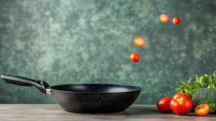 Wall Mural - Black speckled frying pan on wooden surface with cherry tomatoes and broccoli in front, some tomatoes mid air. Dark green background