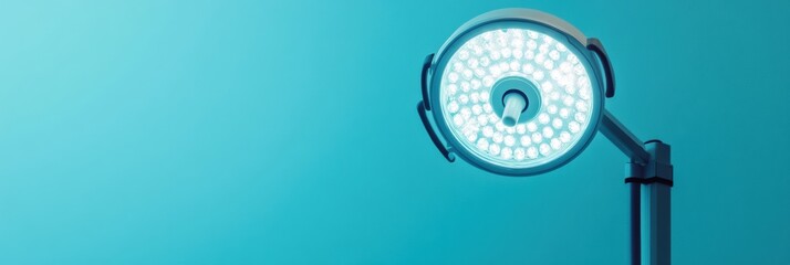 Fototapete - Surgical light illuminating a clean operating room with a calming blue background for efficient medical procedures. Generative AI