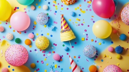 Poster - Festive decorations with colorful balloons, confetti, party hats, and cakes create a joyful celebration atmosphere. Generative AI