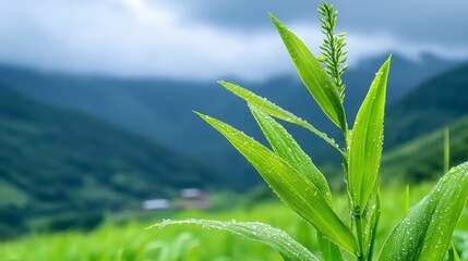 Poster - Close up of vibrant green plant covered in dew against a softly blurred mountainous background. Lush green hills and an overcast sky create a serene