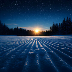 Wall Mural - Winter Sunset Landscape with Starry Night Sky
