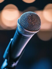 Fototapete - Close up of a microphone ready for performance in a lively setting with blurred lights showcasing a vibrant atmosphere. Generative AI