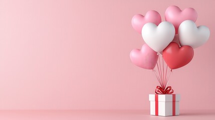 Wall Mural - Pink and white heart shaped balloons float above a white gift box with a red ribbon against a pale pink background. Romantic and festive image