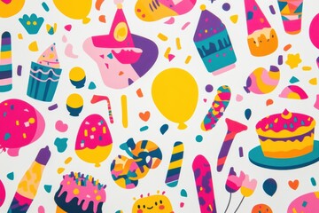 Poster - Colorful festive stickers featuring balloons, cakes, and party accessories for celebrations. Generative AI