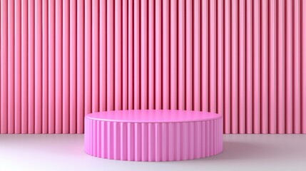 Wall Mural - Pink cylindrical platform with ribbed texture positioned in front of a backdrop of vertical pink lines, creating a minimalist and modern display