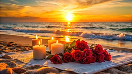 Wall Mural - A group of roses and candles arranged on a beach towel with a beautiful sunset view in the background