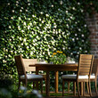© Arthur Constantine - Wooden Patio Dining Set with Flower Centerpiece Against Lush Green Ivy Wall