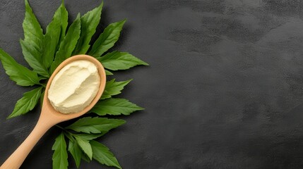 Sticker - Overhead close up shot of a wooden spoon filled with pale yellow cream or paste, accompanied by vibrant green leaves on a dark gray textured