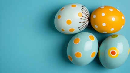 Wall Mural - Four pastel Easter eggs with polka dots and abstract designs arranged on a light blue background. The eggs are decorated in yellow, light blue, and