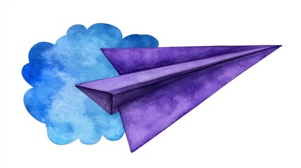 Sticker - Purple paper airplane in flight, watercolor style, blue cloud background. Simple design, vibrant colors, evokes a sense of freedom and travel