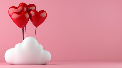 Wall Mural - Red heart shaped balloons float above a fluffy white cloud against a pink background. A simple, romantic image perfect for a love themed project