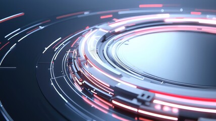 Futuristic digital interface with circular dynamic elements and glowing lines on a dark background.