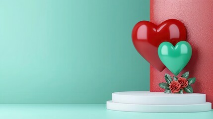 Wall Mural - Romantic 3D render of a white podium with red and green heart shaped balloons, elegant red roses, standing against a sparkly red and light green