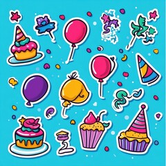 Poster - Colorful festive stickers featuring balloons, cakes, and party hats for joyful celebrations and events. Generative AI