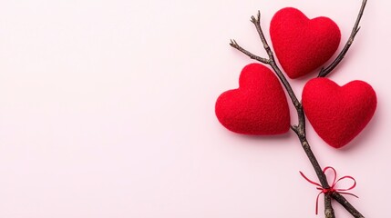 Wall Mural - Three red felt hearts adorn a dark twig against a pale pink background. A simple red ribbon ties the base of the twig.  The image is a minimalist