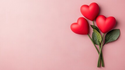 Wall Mural - Three red heart shaped decorations on stems with green leaves, arranged on a pink textured background. Plenty of copy space