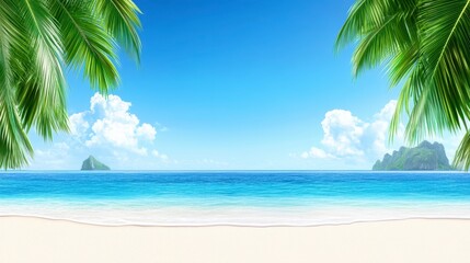 Wall Mural - Serene tropical beach scene with white sand, turquoise water, and lush green palm trees framing a view of small islands under a bright blue sky with