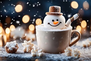 Sticker - Festive Snowman in a Warm Cup of Hot Chocolate - Creative Christmas Food Art Concept for the Holidays