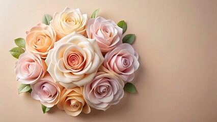 Wall Mural - A delicate arrangement of pastel-colored paper roses against a soft peach colored background, with gentle folds and subtle texture in the roses' petals, bouquet, pastel