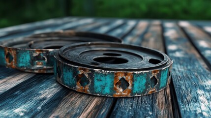 Wall Mural - Rustic weathered metallic discs with faded teal and rust patterns resembling playing card suits rest on a worn wooden surface outdoors. Shallow depth