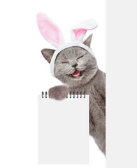 Poster - Happy cat wearing easter rabbits ears looks from behind blank white banner and shows blank notepad. Empty space for text. Isolated on white background