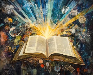 Wall Mural - bible as a beacon of light, cosmic rays shining through its open pages, surrounded by abstract symbo