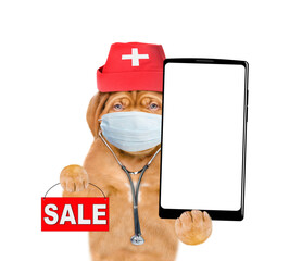 Poster - Smart Mastiff puppy wearing like a doctor with stethoscope on his neck showing big smartphone with white blank screen in it paw and showing signboard with labeled 